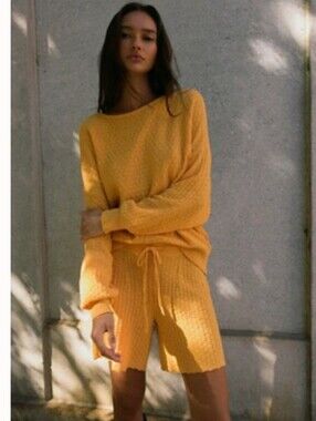 New Free People Golden Orange Textured Crew Neck Sweater Set